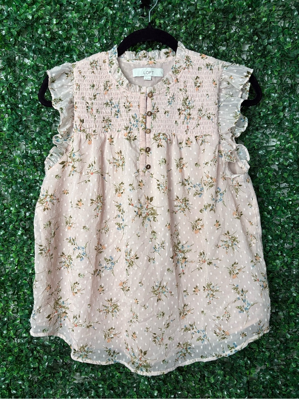 LOFT Pink Floral Smocked Ruffle Sleeve Blouse - Picture 2 of 5